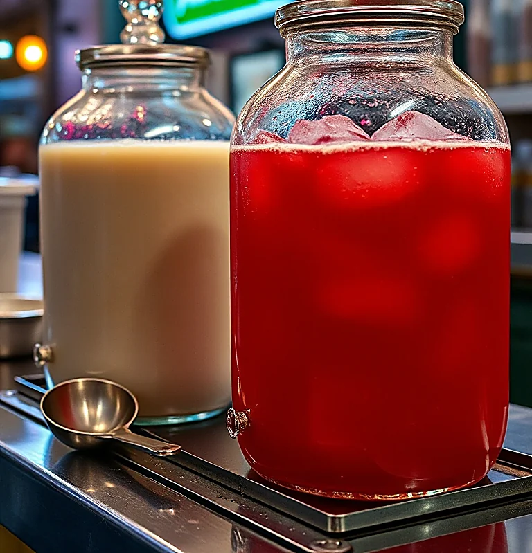Vitroleros con agua de horchata y agua de jamaica sobre la barra