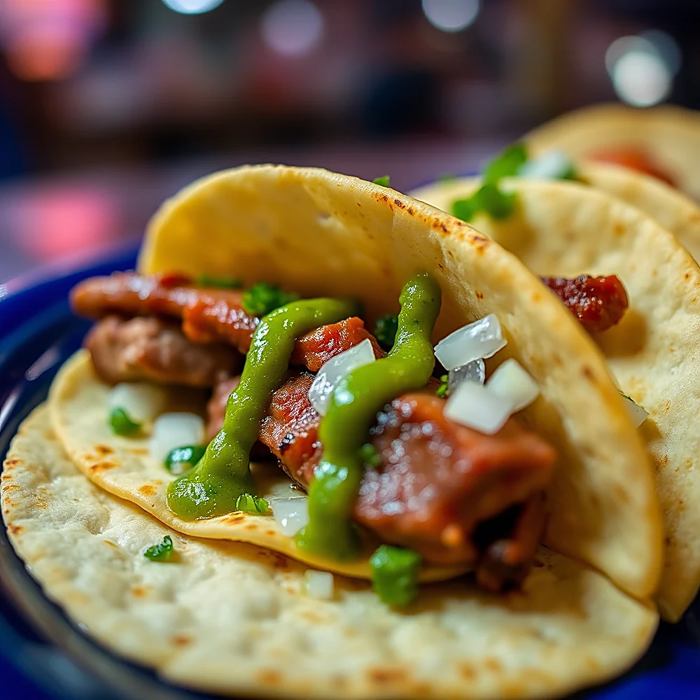 Taco campechano con salsa verde, cebolla y cilantro