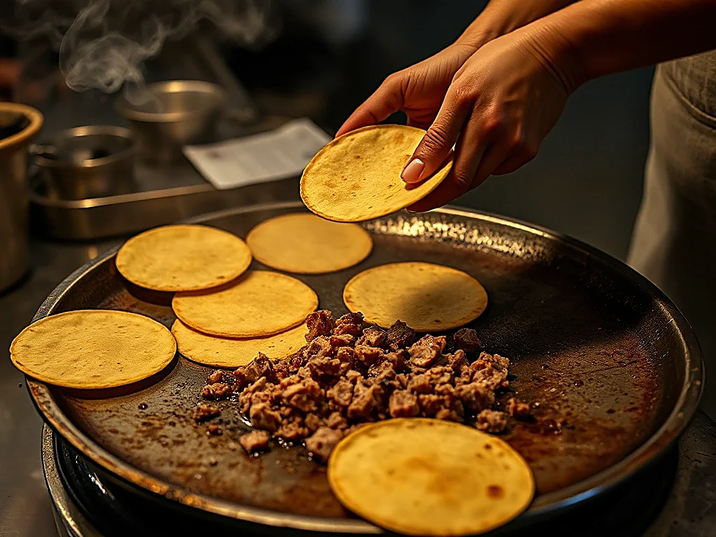 Tortillas y suadero en el comal