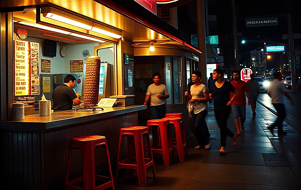 La esquina de la taquería de noche con bancos rojos y el trompo encendido