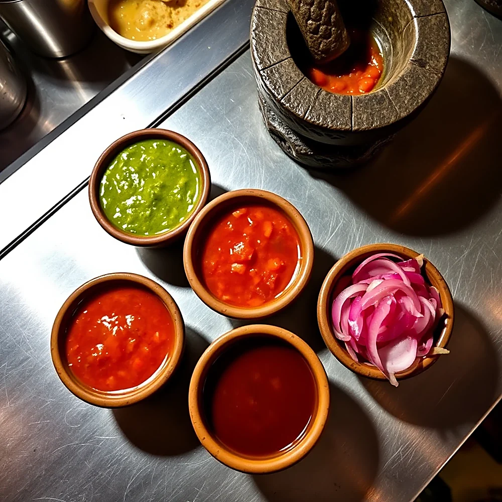 Salsas de la casa en cazuelitas de barro y el molcajete