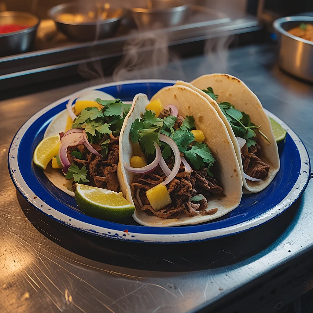 Tres tacos al pastor con piña, cebolla morada y cilantro en plato de peltre azul