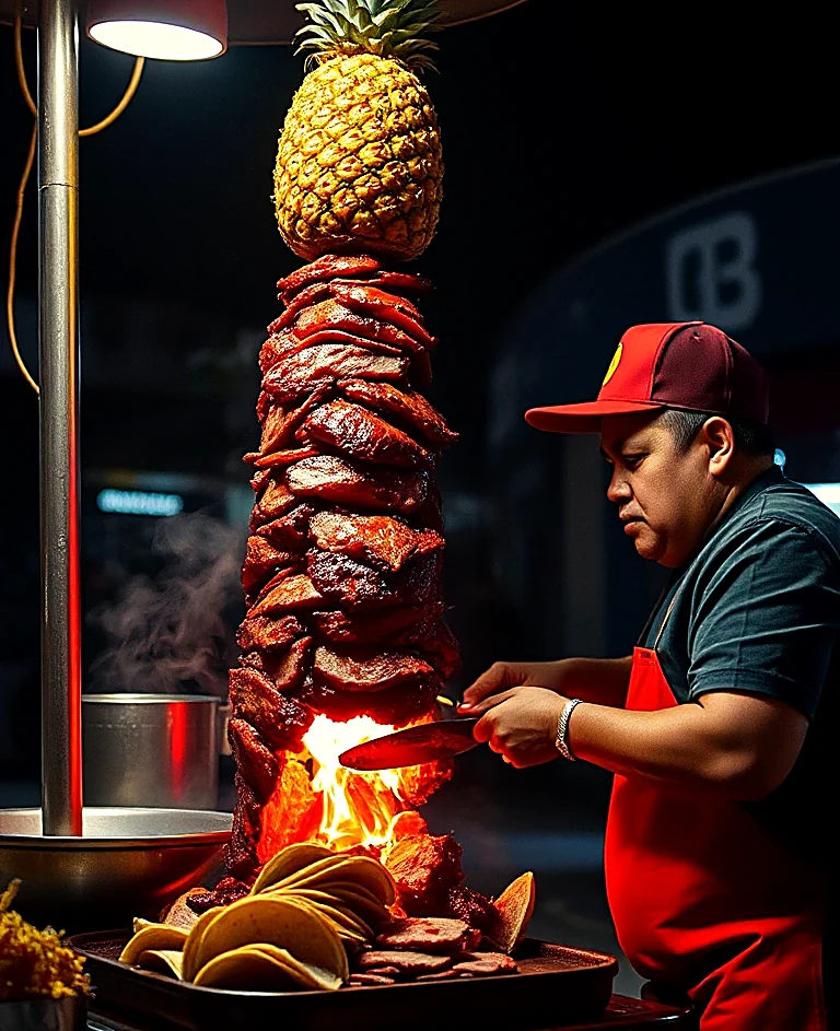 El taquero rebanando el trompo de pastor con la flama encendida