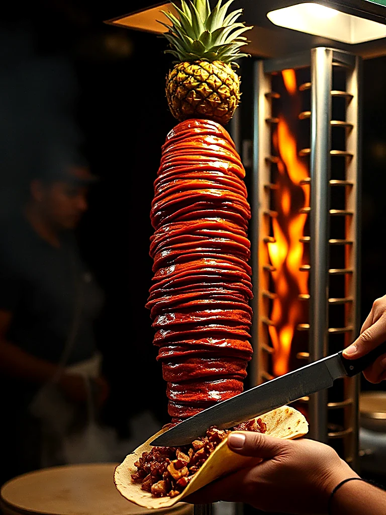 Trompo de pastor con piña arriba y el fuego detrás; el taquero rebana la carne directo a la tortilla